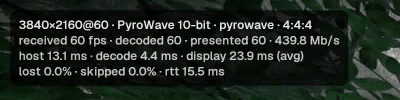 PyroWave stream at 3840x2160 and 60 Hz, with 60 received, decoded and presented fps, 0.0% lost and 0.0% skipped frames