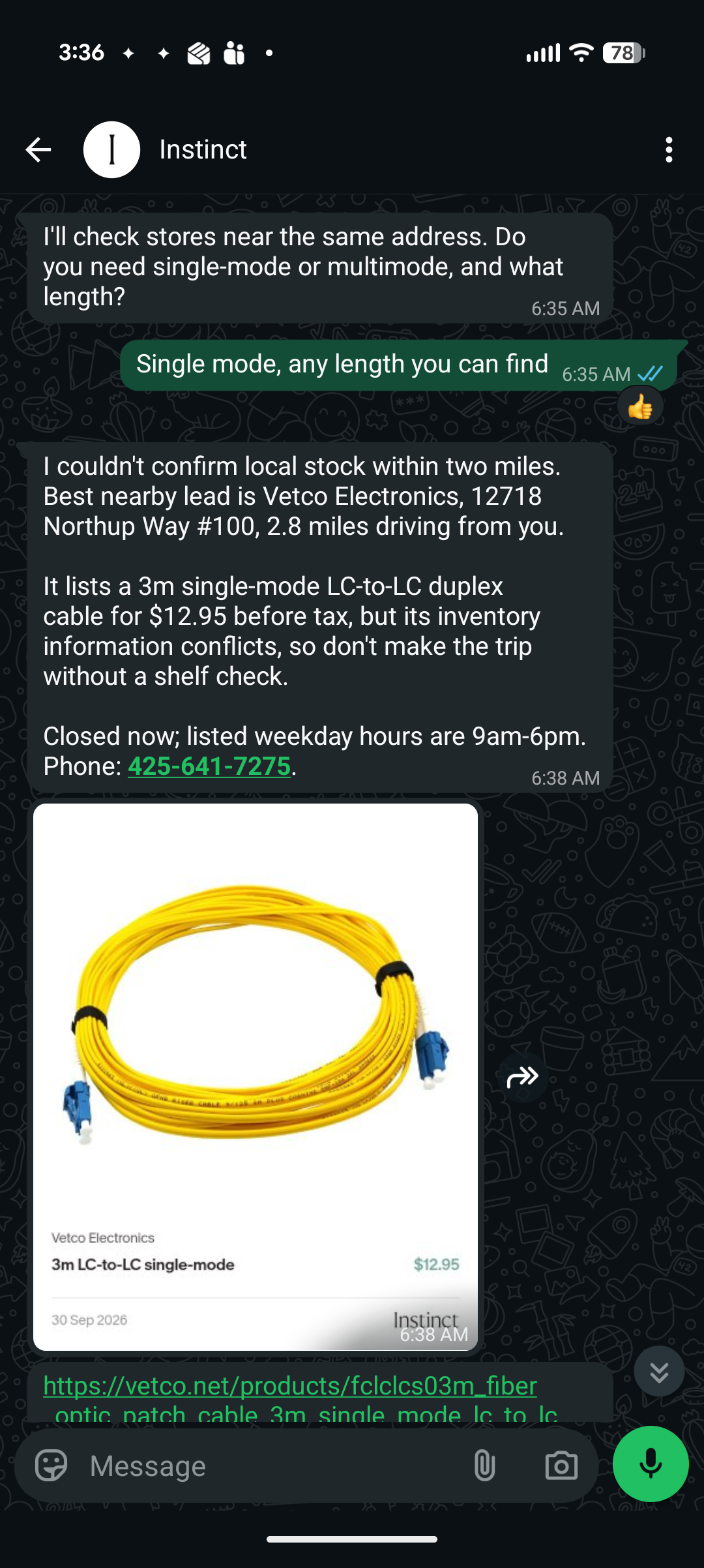 Instinct WhatsApp conversation showing a single-mode LC-to-LC fiber cable at Vetco Electronics and a warning to confirm shelf stock before visiting